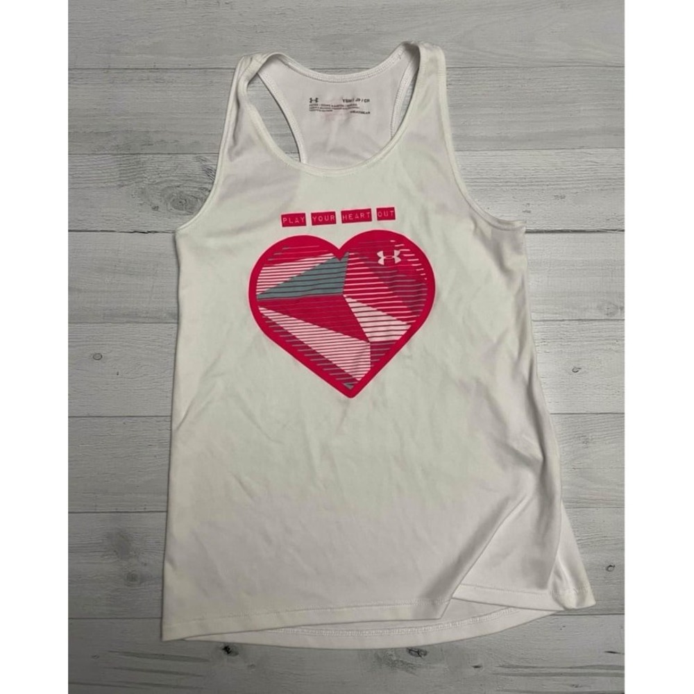Under Armour girls white tank top pink‎ heart play your heart out youth small